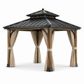 Tonnelle de jardin carrée 300 × 300 × 290 cm en bois et métal, brun, noir et beige, avec rideaux - 2026