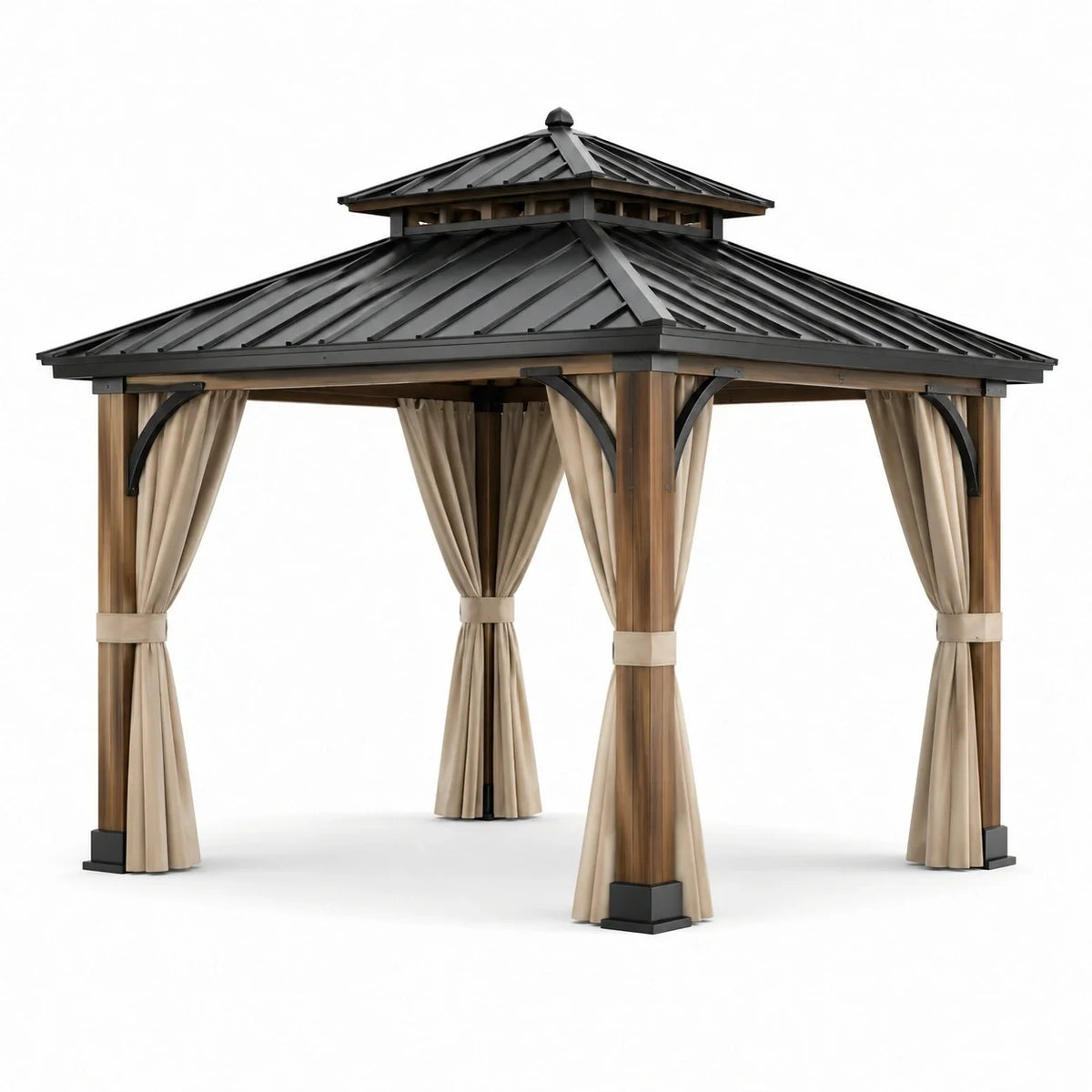 Tonnelle de jardin carrée 300 × 300 × 290 cm en bois et métal, brun, noir et beige, avec rideaux - 2026