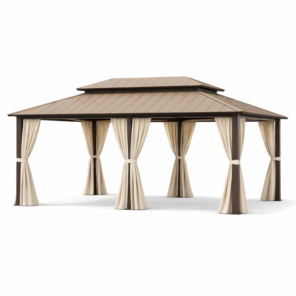 Pavillon de Jardin en Acier avec Toit en Polycarbonate et Rideaux Beige - 2026