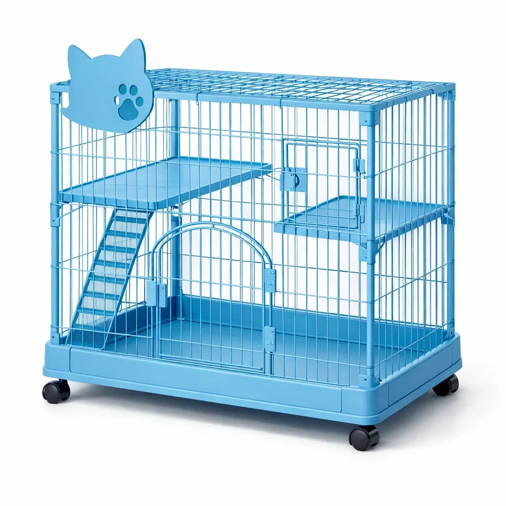 Cage à chat en métal bleu à deux niveaux avec roulettes - 2026
