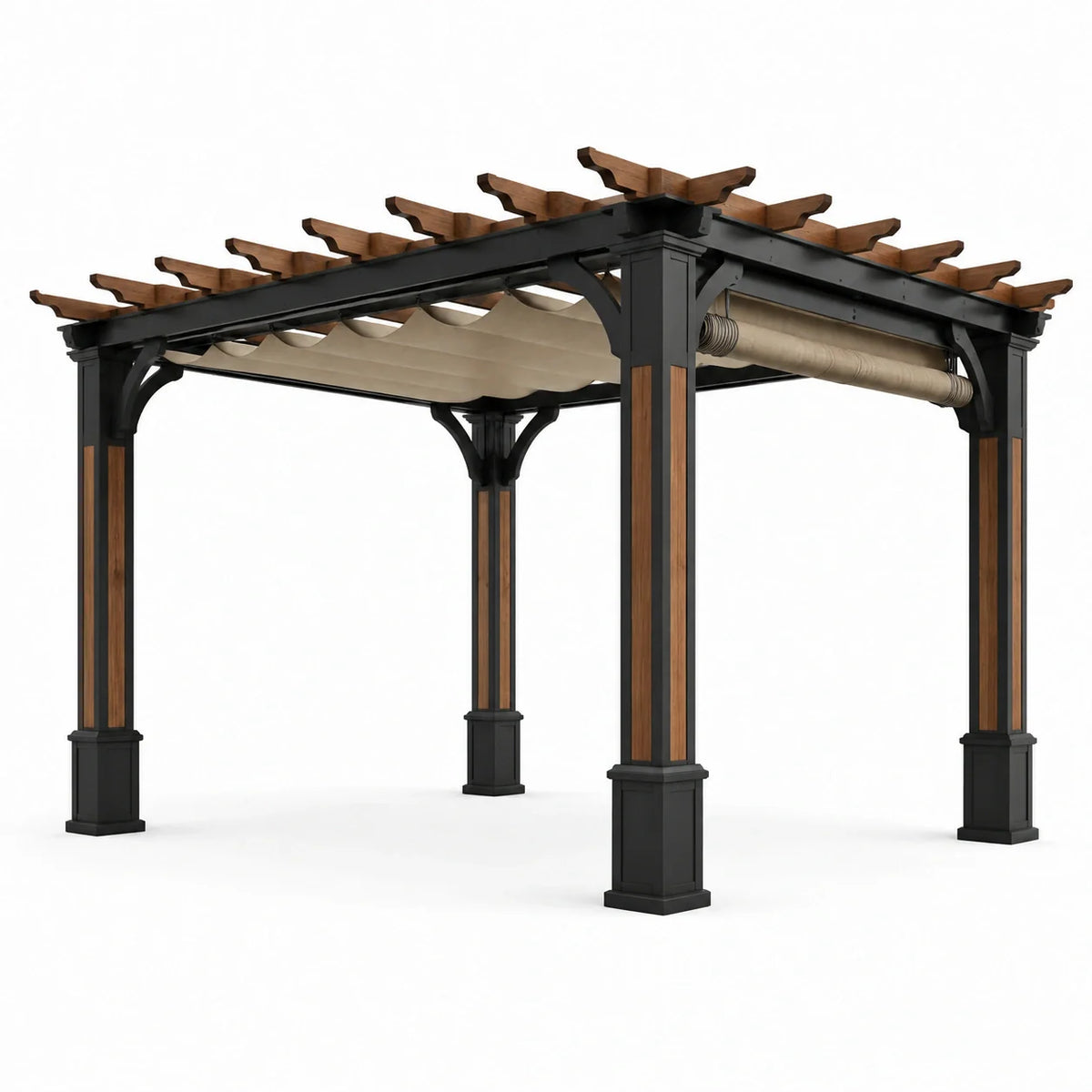 Pergola en métal et bois avec toit rétractable 300x300x250 cm beige/noir - 2026