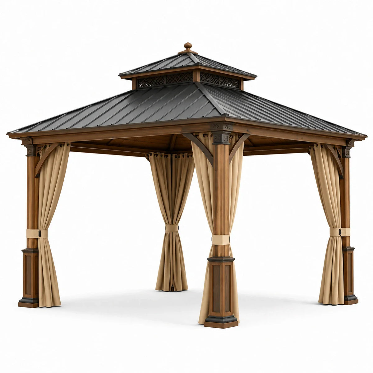 Pavillon de jardin en bois avec toit en métal et rideaux en polyester 3x3 m - 2026