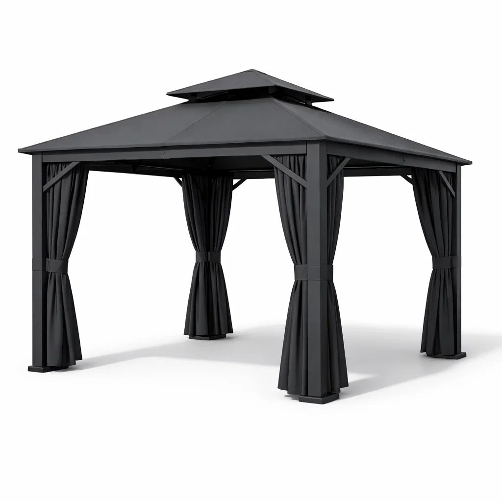 Pavillon de jardin en aluminium avec rideaux en polyester noir - 2026