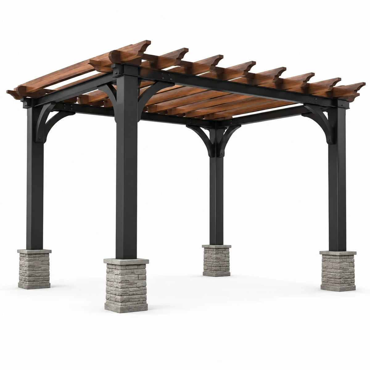 Pergola autoportante 400 × 300 × 270 cm en métal noir et bois marron avec lames ajourées - 2026
