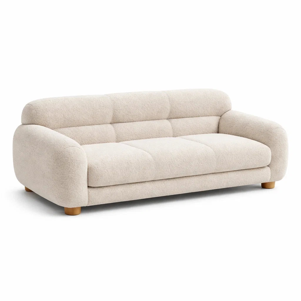 Canapé trois places en tissu bouclé beige avec pieds en bois - 2026