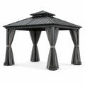 Tonnelle de jardin en métal gris anthracite avec toit rigide à double niveau et rideaux, 300 × 300 × 280 cm - 2026