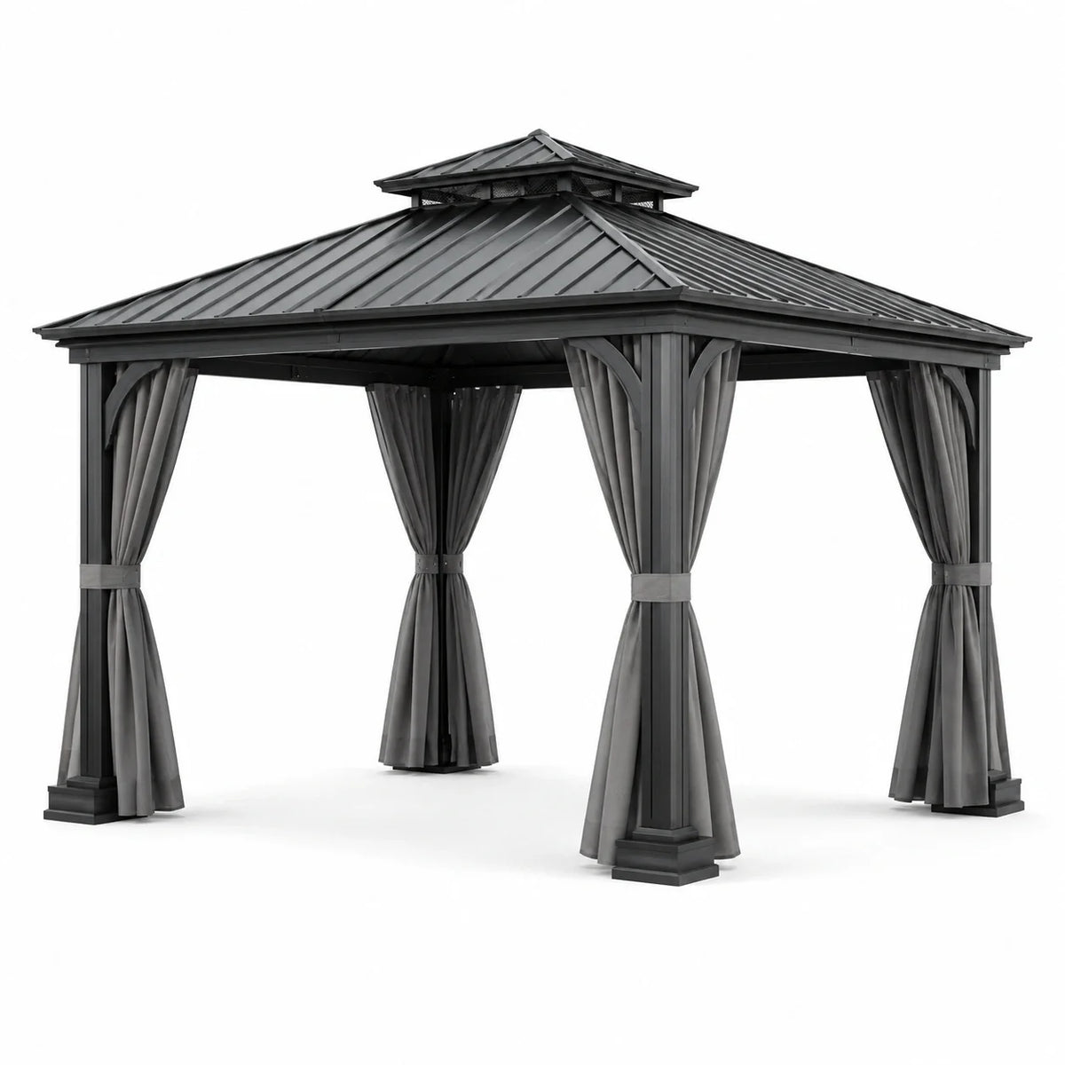Tonnelle de jardin en métal gris anthracite avec toit rigide à double niveau et rideaux, 300 × 300 × 280 cm - 2026