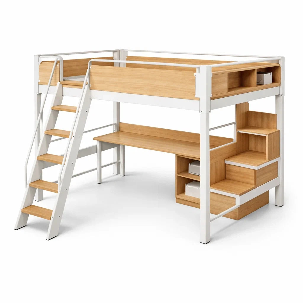 Lit mezzanine en bois et métal avec escalier blanc et chêne - 2026