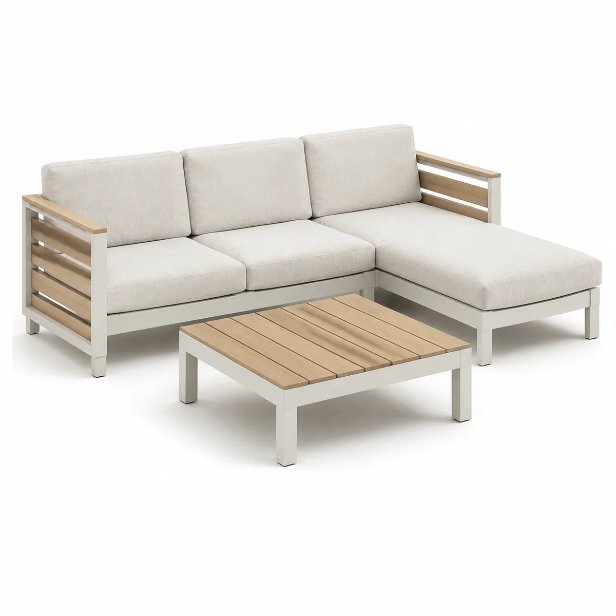 Salon de jardin en aluminium et teck avec coussins en polyester - 2026