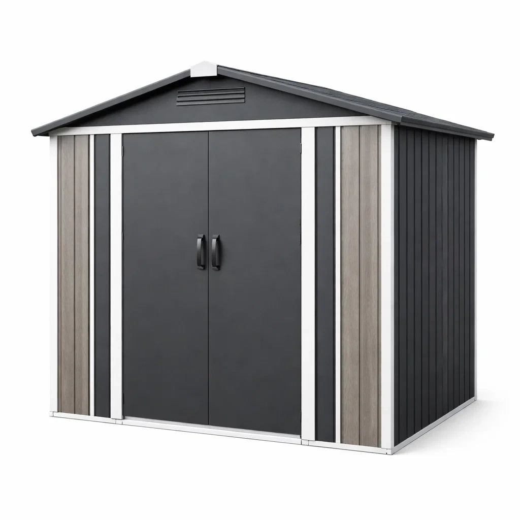 Abri de jardin en composite gris et chêne avec doubles portes - 2026