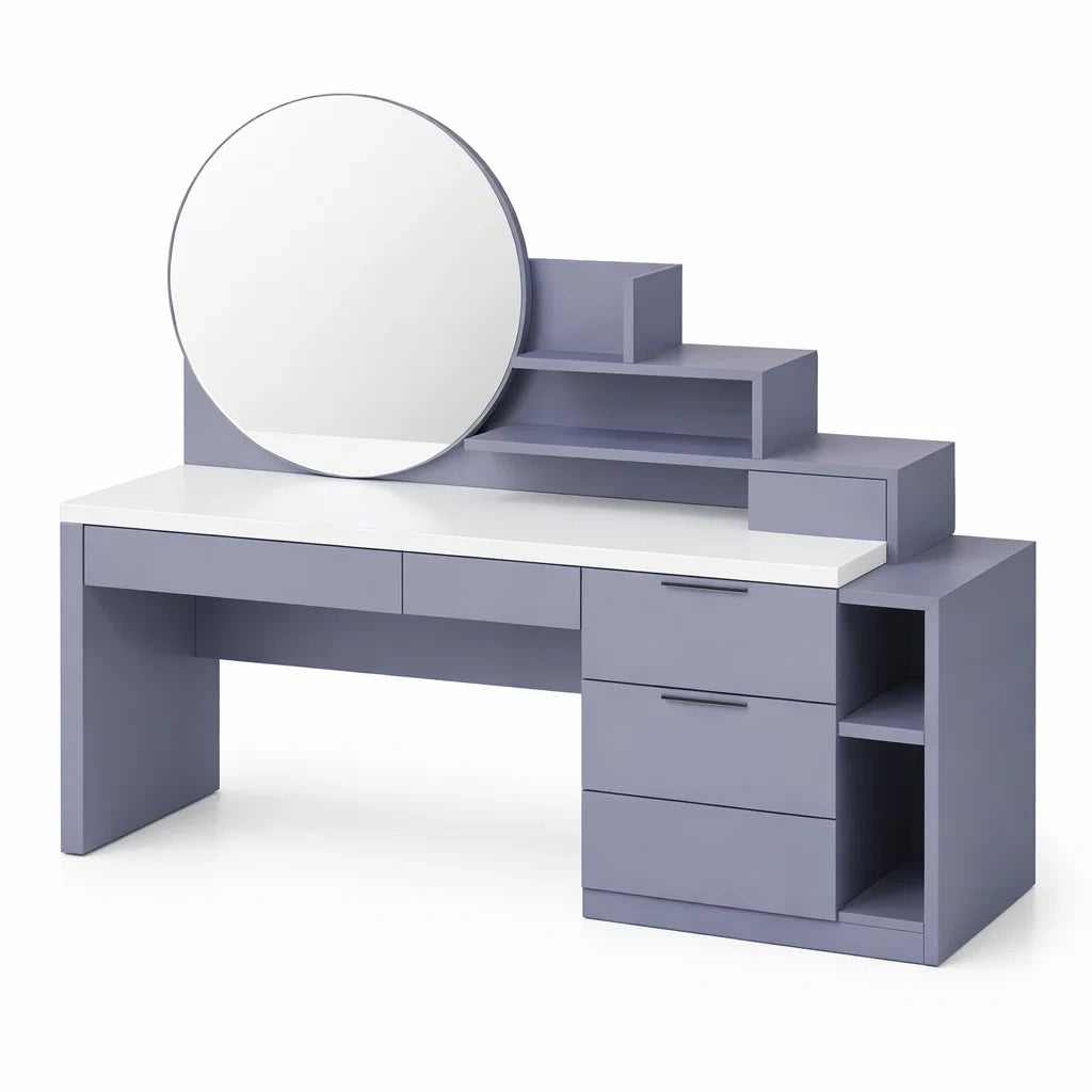 Coiffeuse en mdf avec miroir rond et étagères violettes - 2026