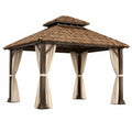 Tonnelle de jardin en bois brun avec rideaux beiges et double toit, 300 × 300 × 300 cm - 2026