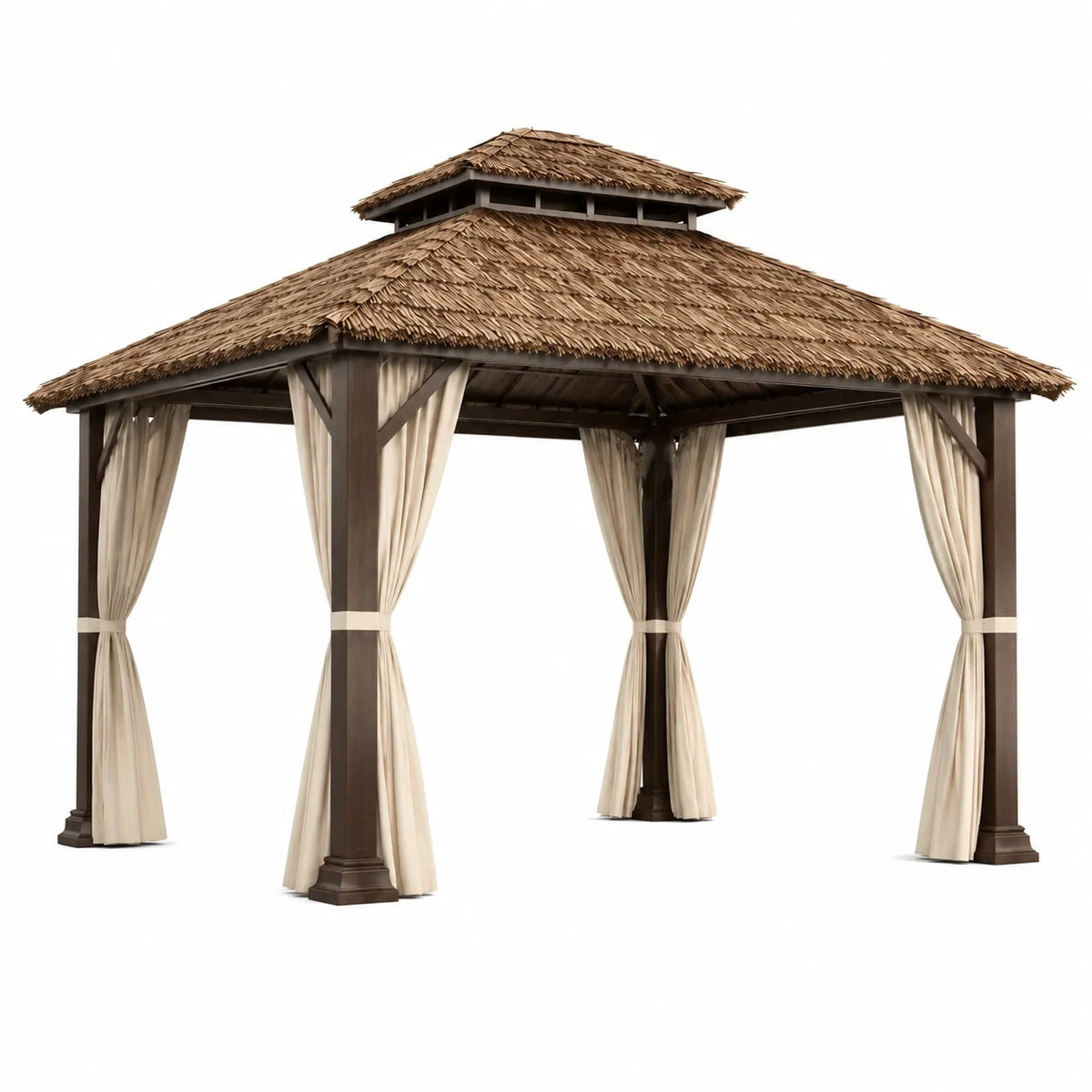 Tonnelle de jardin en bois brun avec rideaux beiges et double toit, 300 × 300 × 300 cm - 2026