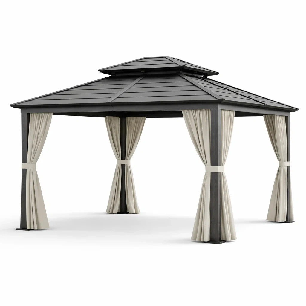 Pavillon en aluminium avec rideaux en polyester gris et beige - 2026