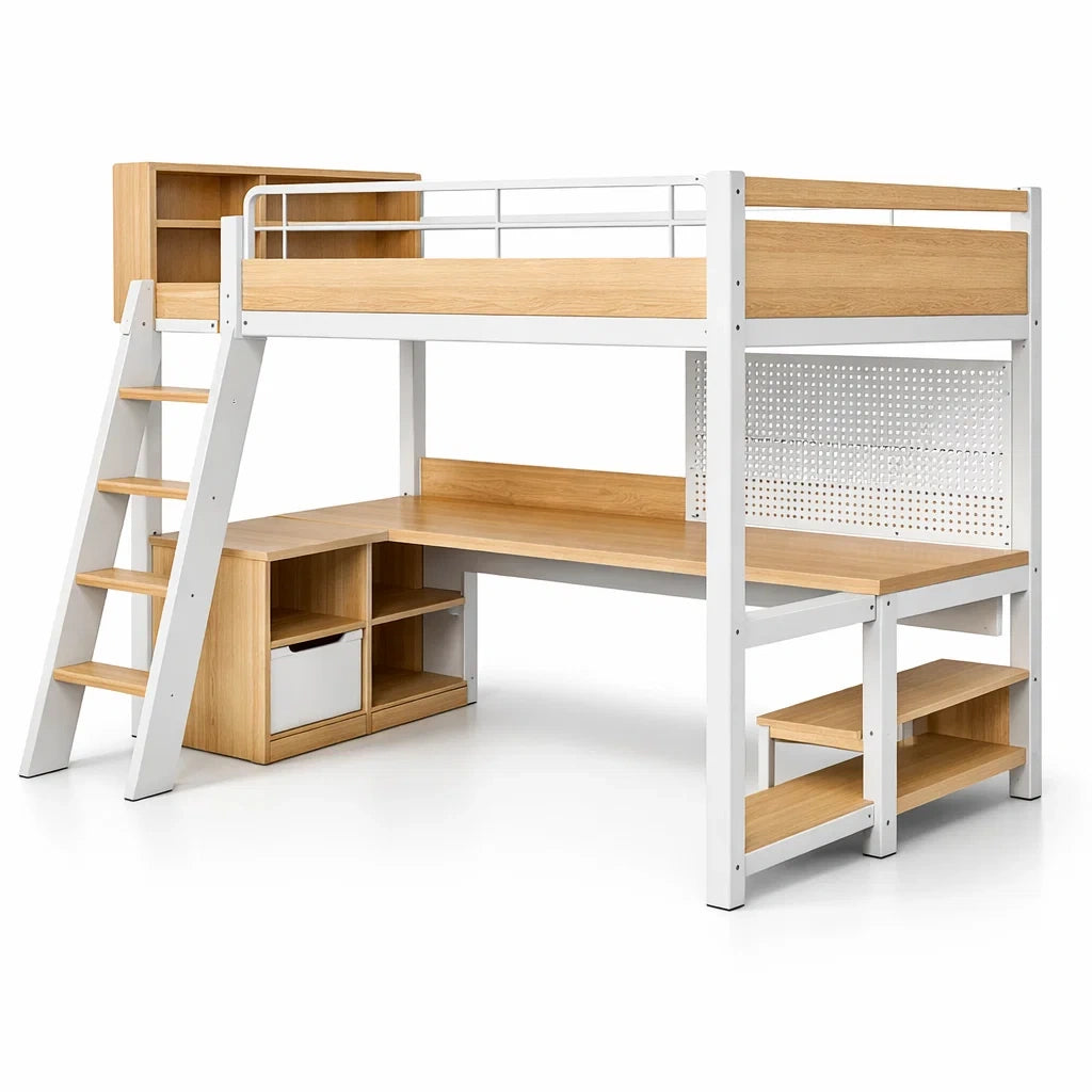 Lit mezzanine en métal et bois avec bureau blanc 205 x 100 x 180 cm - 2026