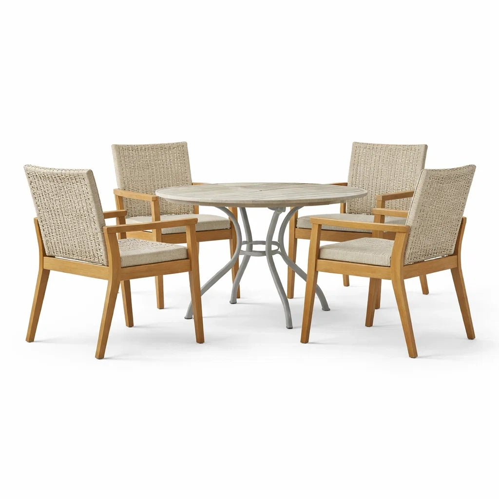 Ensemble table et chaises extérieur en bois et métal avec rotin beige - 2026