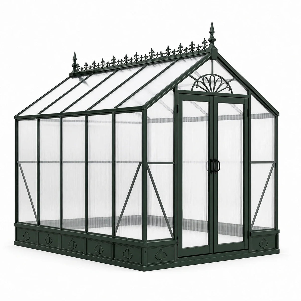 Serre de jardin victorienne en aluminium vert foncé et polycarbonate translucide avec double porte, 257 × 193 × 228 cm - 2026