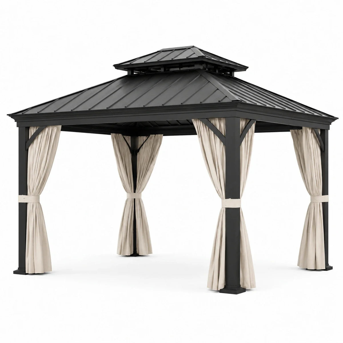 Pavillon de jardin en aluminium avec toit en acier et rideaux en polyester beige 300 x 400 cm - 2026