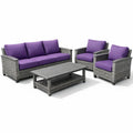 Salon de jardin en rotin synthétique gris avec coussins violets - 2026