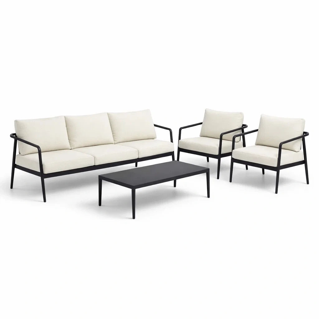 Salon de jardin 4 pièces en aluminium noir avec coussins beige - 2026