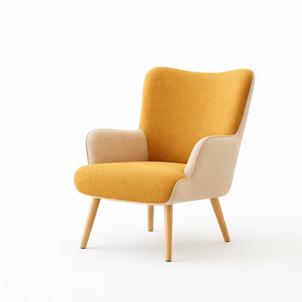 Fauteuil en tissu polyester jaune et beige avec pieds en bois - 2026