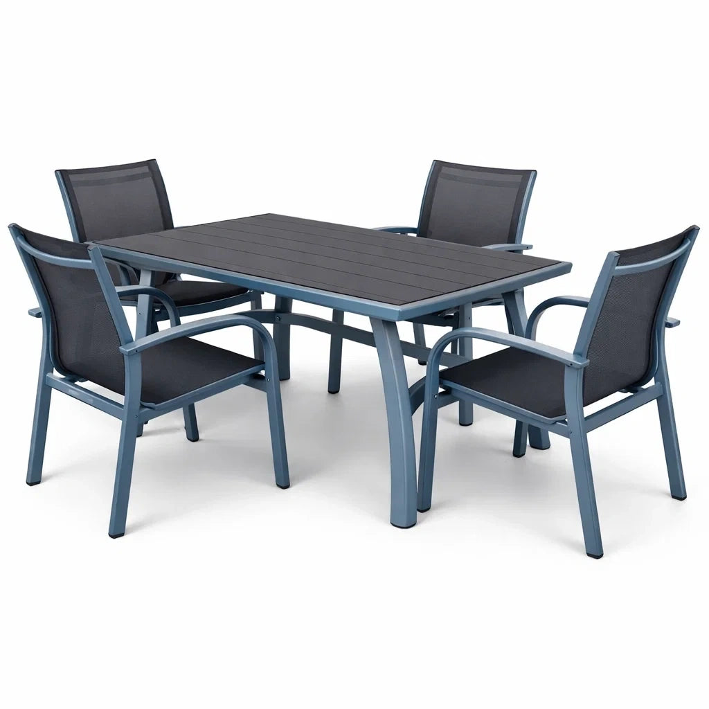Ensemble table et chaises d'extérieur en aluminium avec assises en polyester bleu et gris - 2026