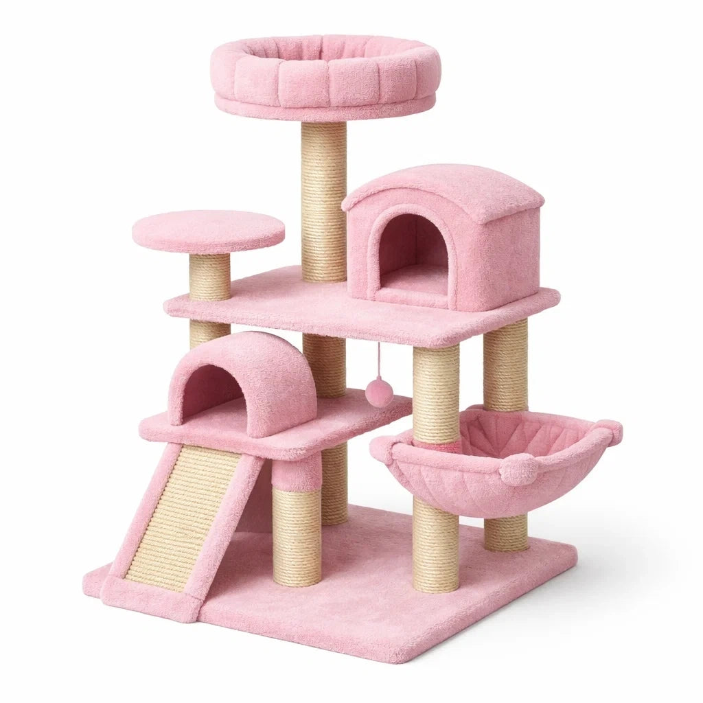 Arbre à chat en sisal et peluche rose - 2026
