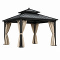 Pergola de jardin en métal noir avec rideaux beiges et toit rigide à double niveau, 400 × 300 × 310 cm - 2026
