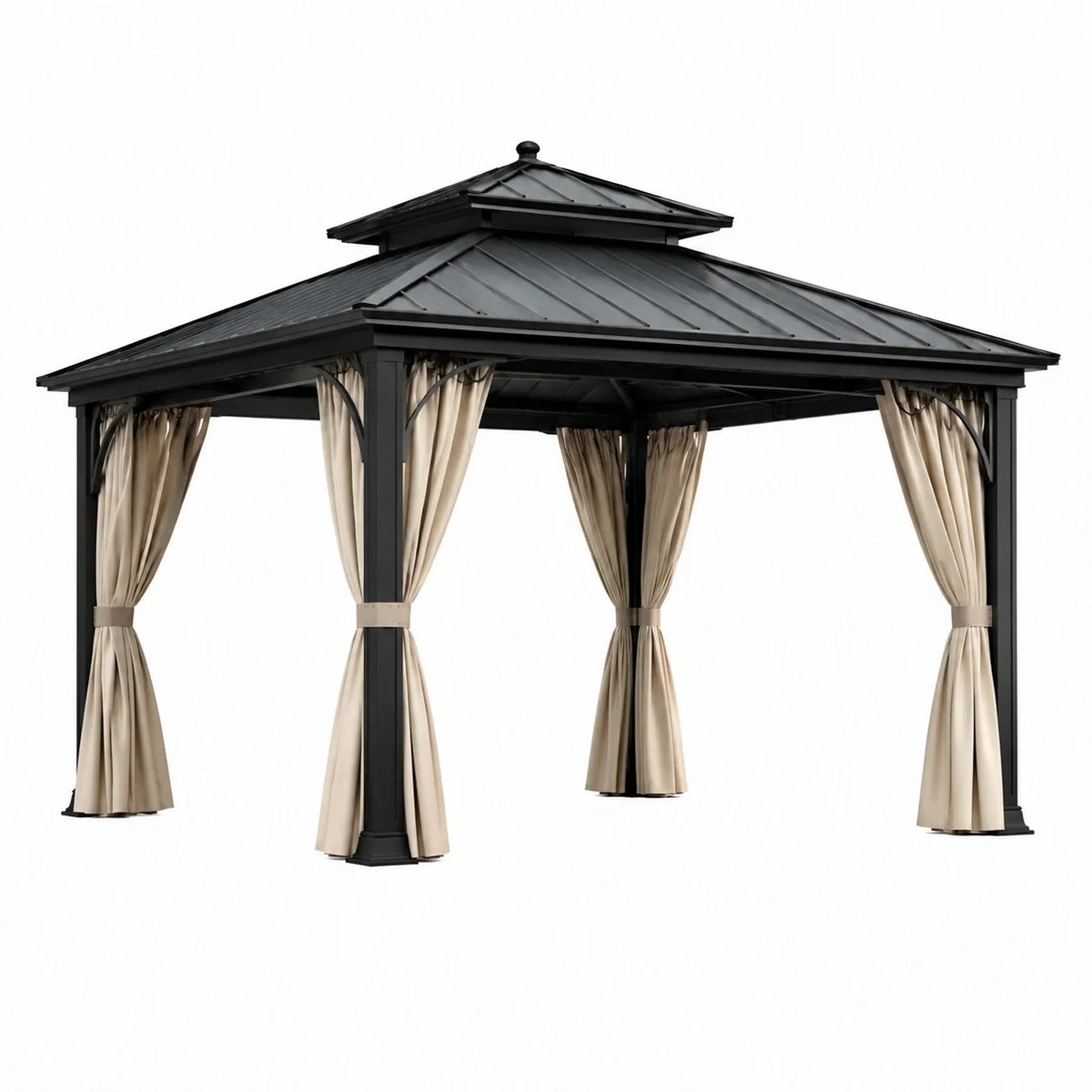 Pergola de jardin en métal noir avec rideaux beiges et toit rigide à double niveau, 400 × 300 × 310 cm - 2026