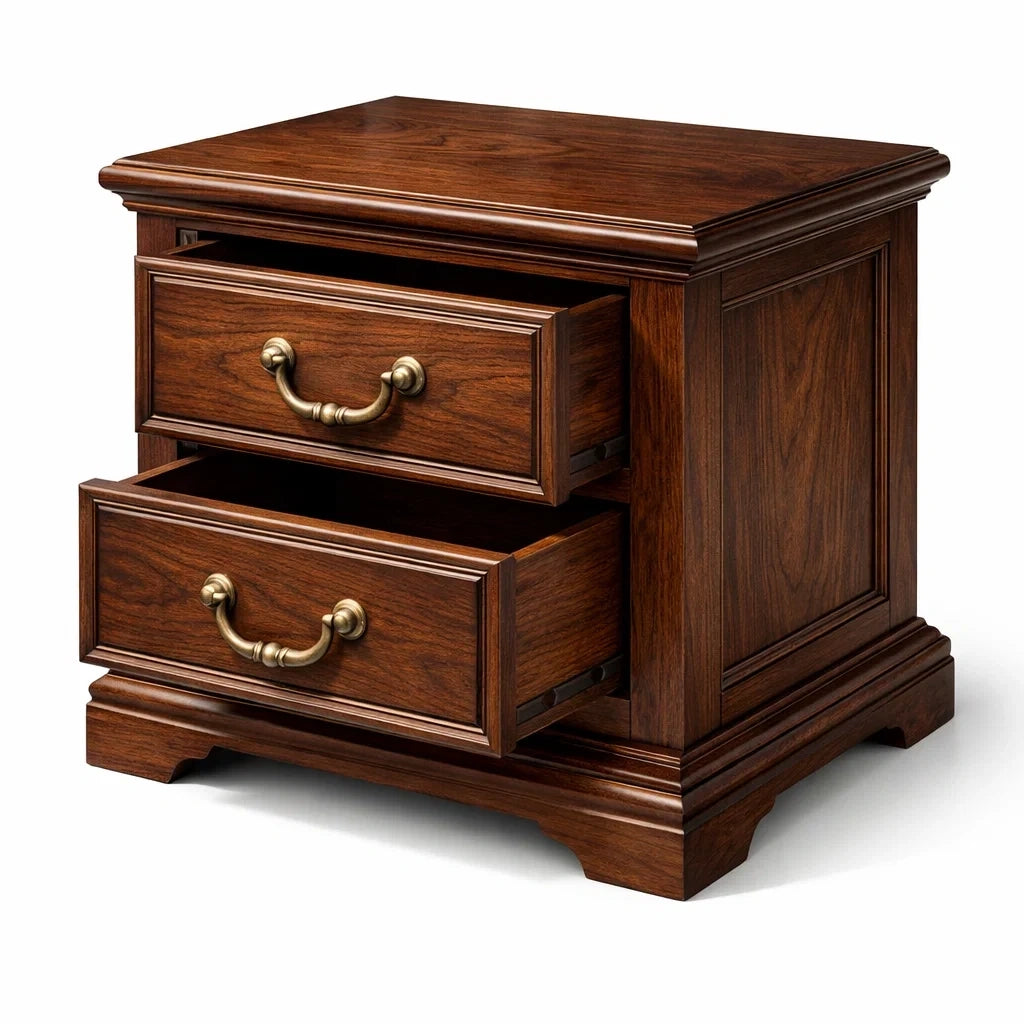 Table de chevet en bois marron avec 2 tiroirs et poignées en laiton 50x40x60 cm - 2026