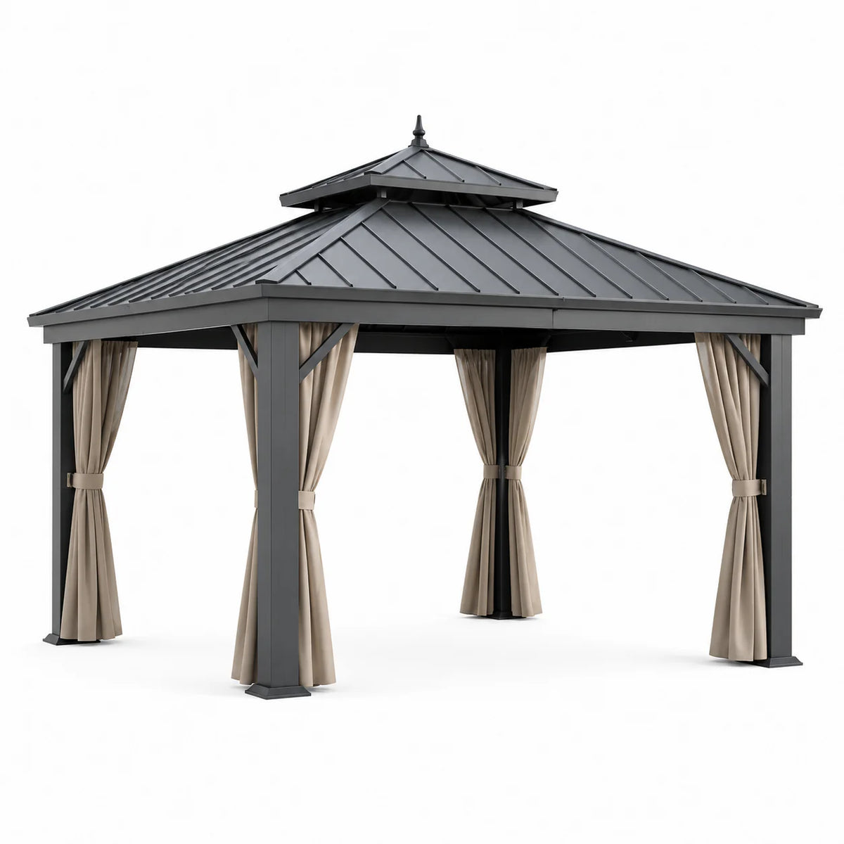 Pavillon de jardin en aluminium avec toit en acier et rideaux en polyester beige - 2026