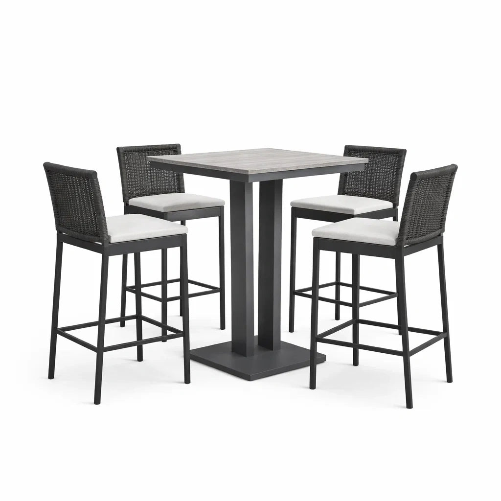 Ensemble de bar carré avec 4 tabourets en métal et résine tressée - 2026