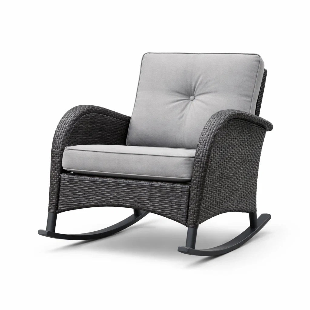 Fauteuil à bascule en rotin synthétique gris avec coussin - 2026