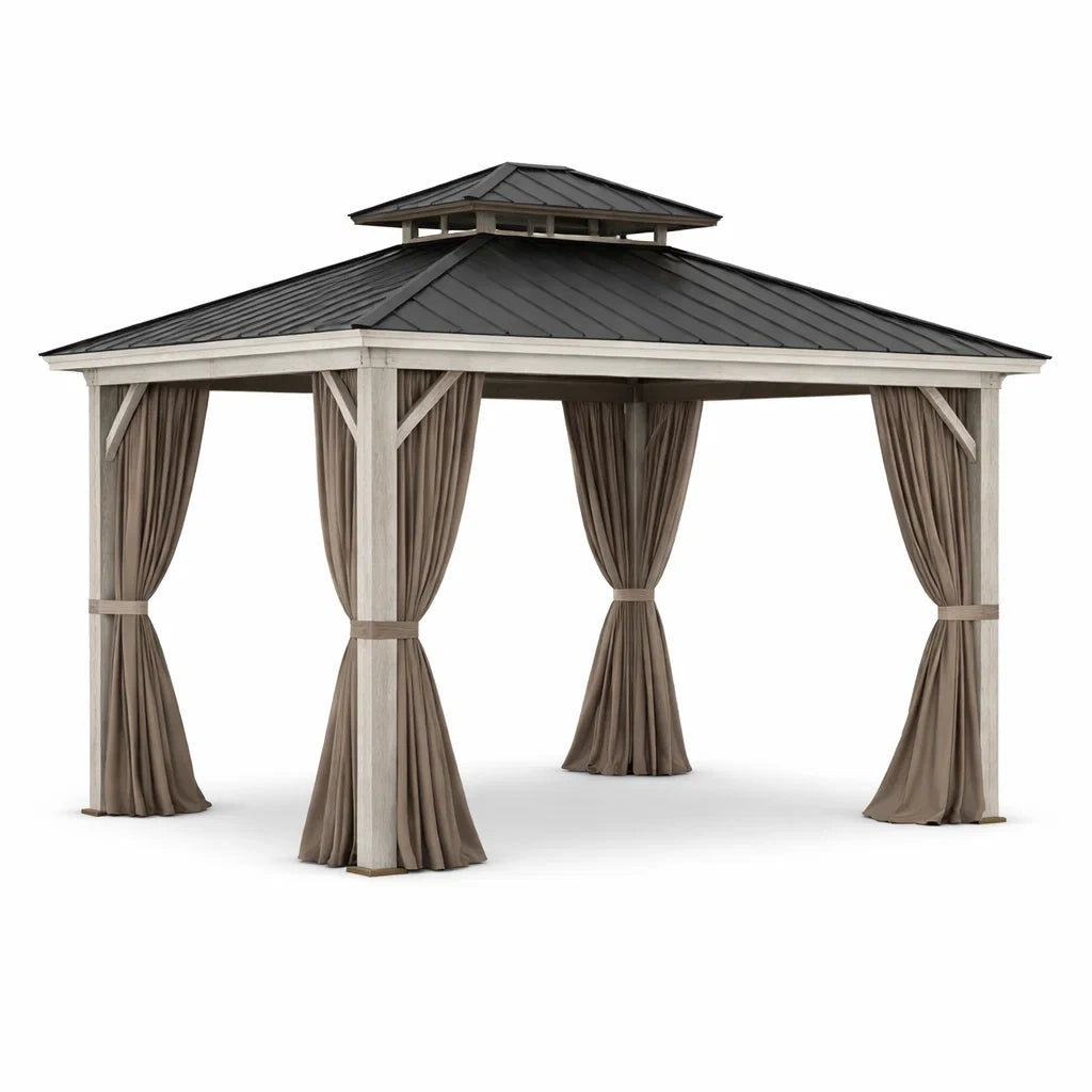 Pavillon de jardin en acier et aluminium avec rideaux en polyester brun - 2026