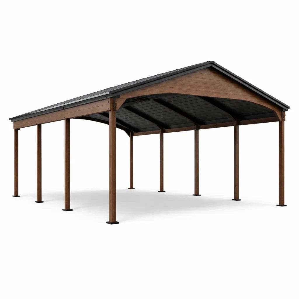 Abri de voiture en bois et métal brun noir 600x300x230 cm - 2026