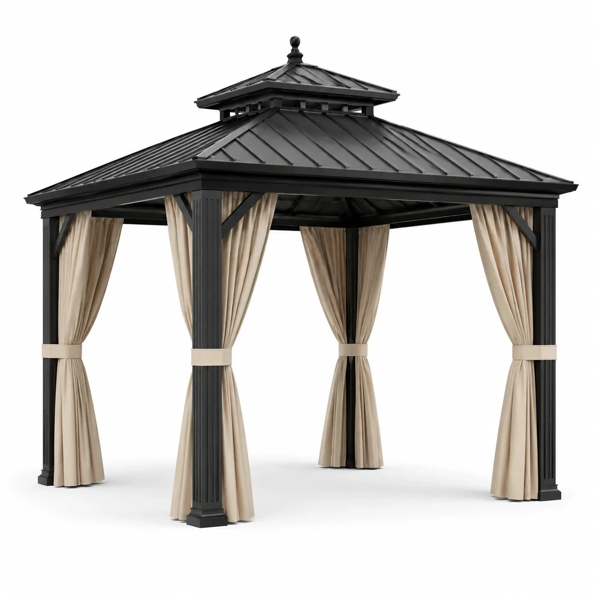 Tonnelle de jardin à toit rigide, 400 × 300 × 290 cm, noire avec rideaux beiges - 2026