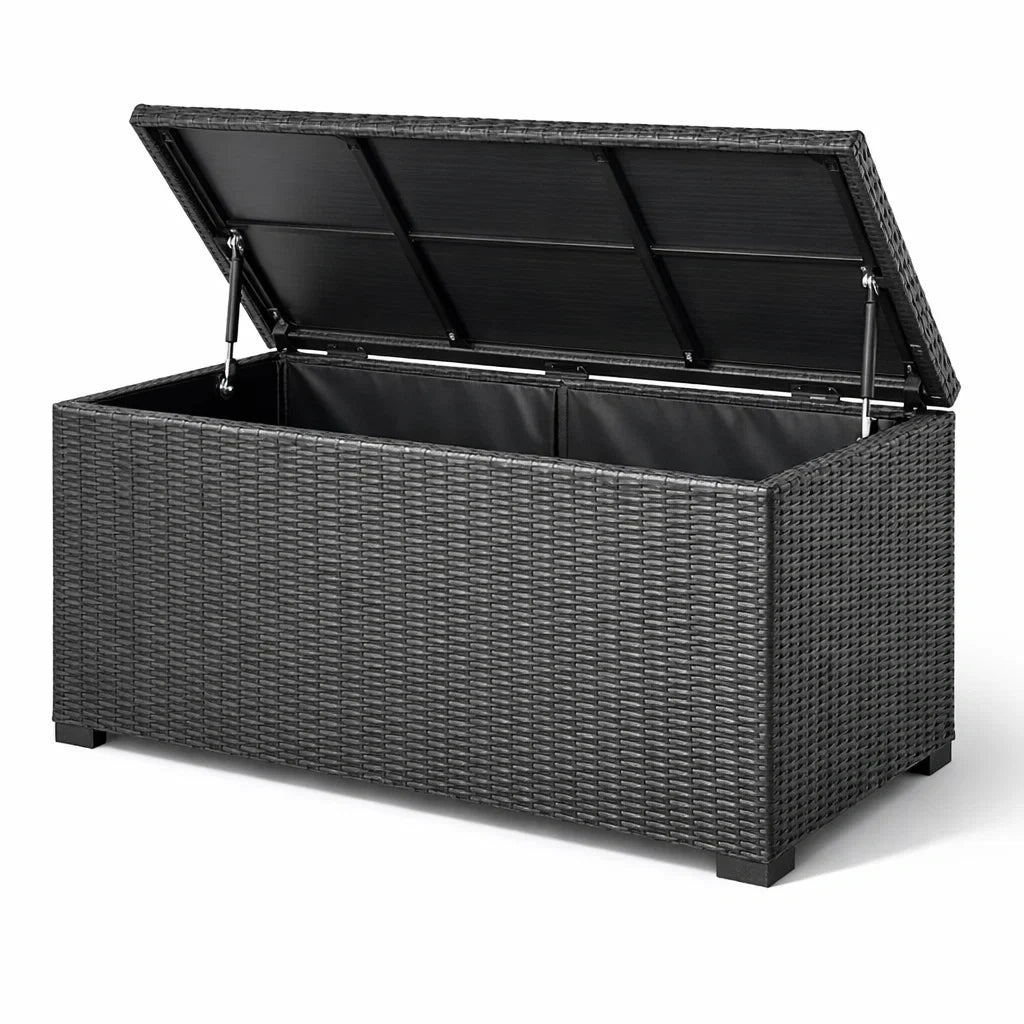 Coffre de rangement de jardin en rotin synthétique et acier noir 150x70x60 cm - 2026